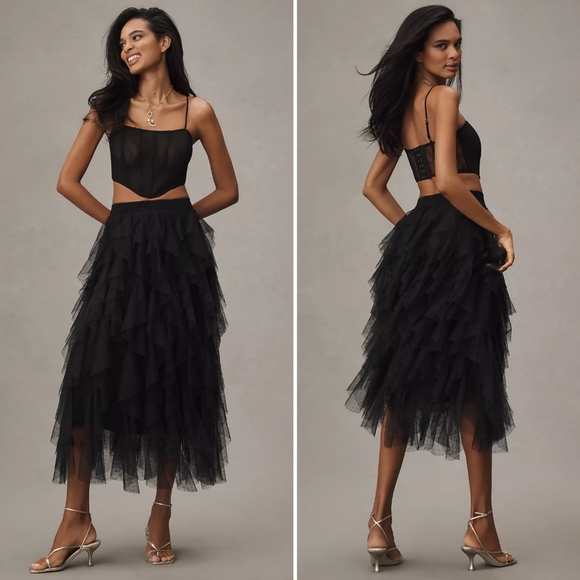 NEW Anthropologie Evelyn Chéri Cheri Black Ruffled Tulle Midi Skirt NWOT XXS